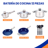 Batería de Cocina Pro12 Piezas | Sartenes Antiadherentes y Acero Inoxidable | Juego de Ollas y Sartenes