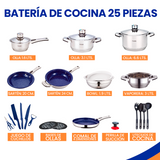 Batería de Cocina 25 Piezas | Sartenes Antiadherentes y Acero Inoxidable | Juego de Ollas y Sartenes