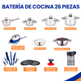 Batería de Cocina 26 Piezas | Sartenes Antiadherentes y Acero Inoxidable | Juego de Ollas y Sartenes