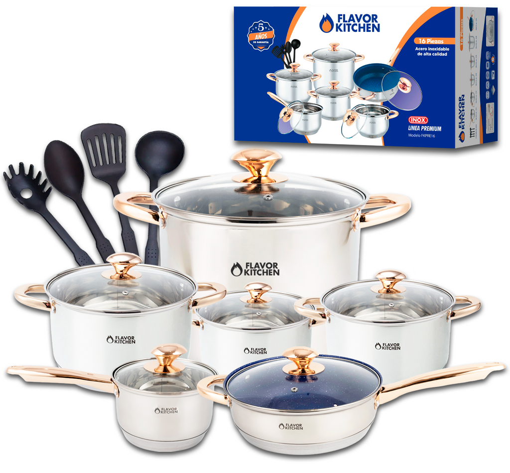 Batería de Cocina 16 Piezas | Ollas y Sartén con Tapa | Acero Inoxidable